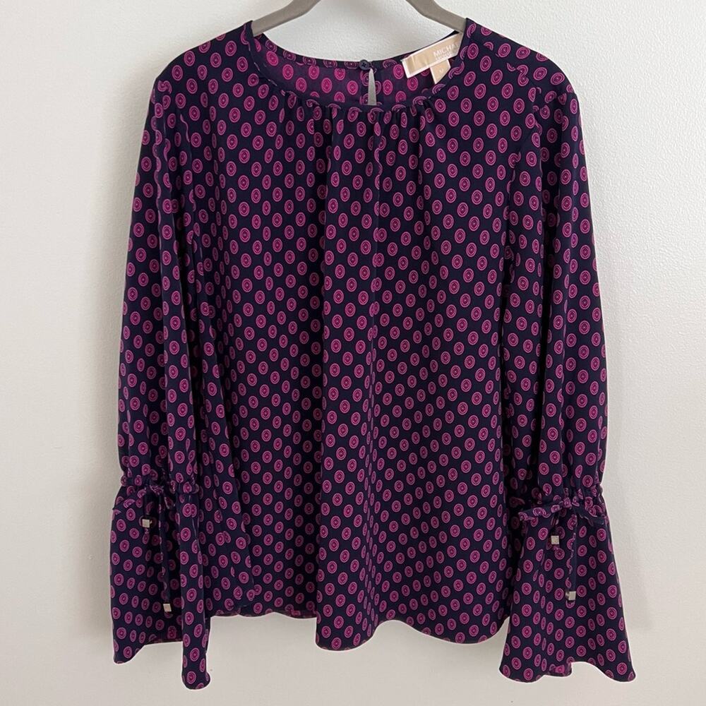 Michael Kors Navy Blue and Pink Patterned Bell Sleeve Blouse Size M